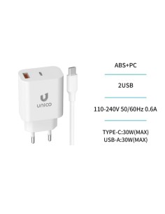 CARGADOR  5V ENCHUFE USB TYPE   A, USB TYPE C 30W BLANCO...